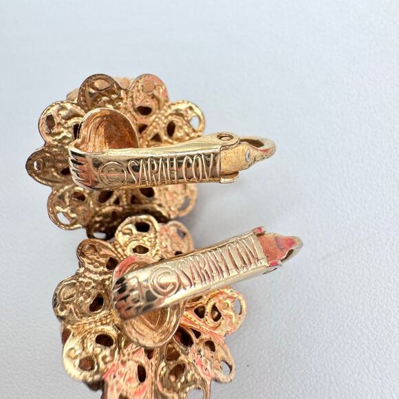 Vintage Sarah Coventry Red Rhinestone Clip On Earrings Romantic Filigree 3D - Picture 9 of 14